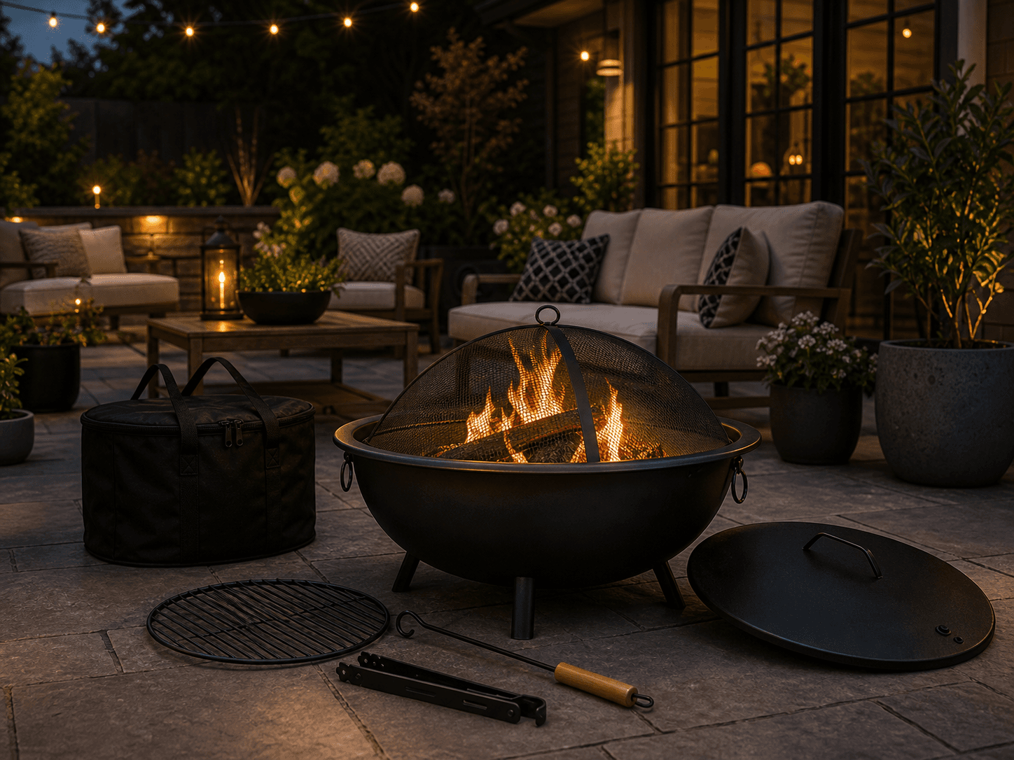 Patio fire pit with spark screen and outdoor living accessories