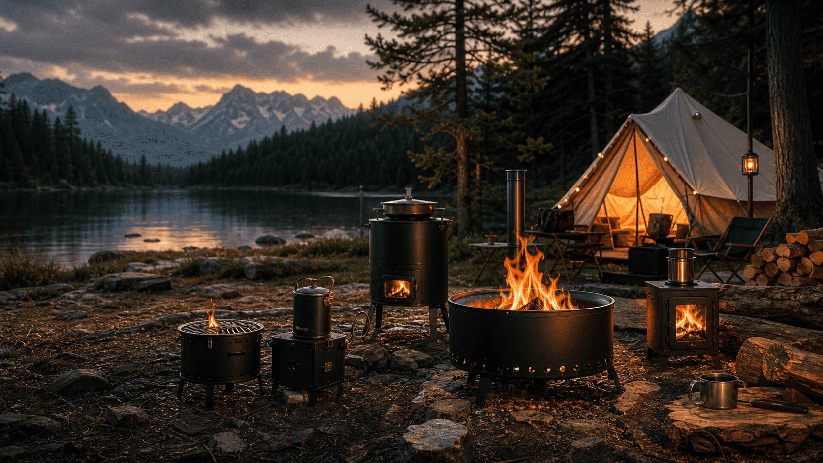 Kamp met vuurkorven en houtkachels van GoldFireStoves