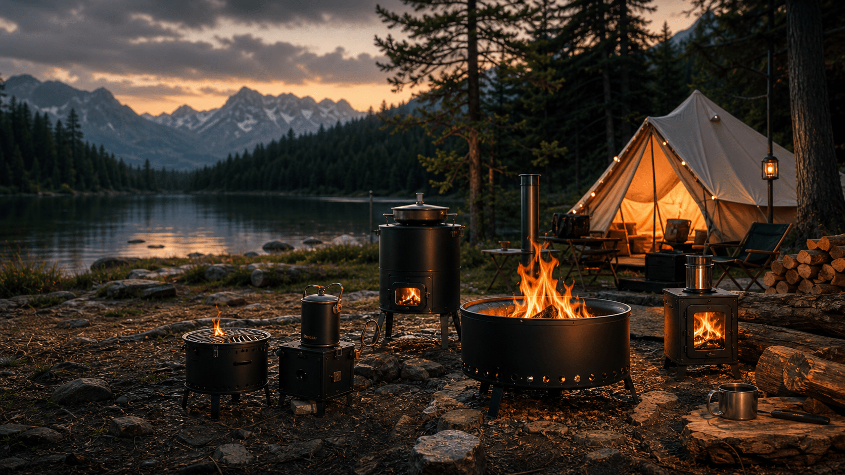 Outdoor campsite with GoldFireStoves fire pits and wood burning stoves