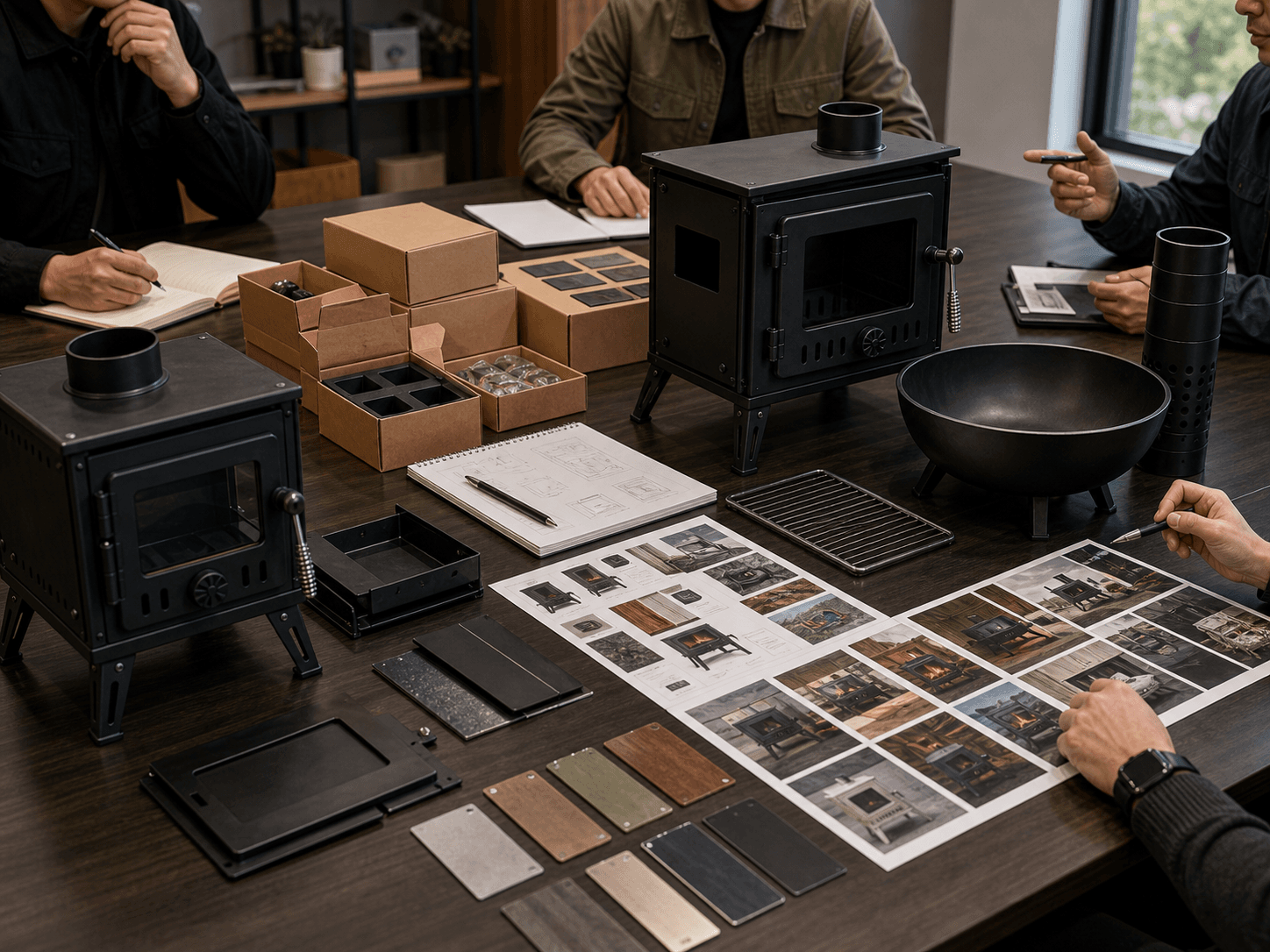 B2B buyers reviewing custom outdoor fire product program samples