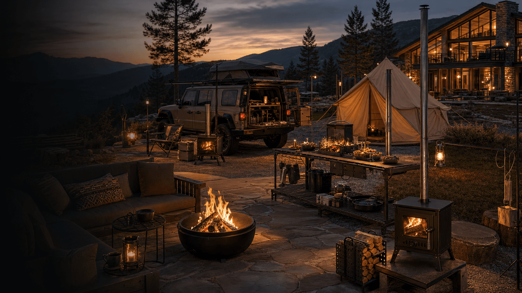 Outdoor fire product selling scenarios with patio, camping, hot tent and cooking products