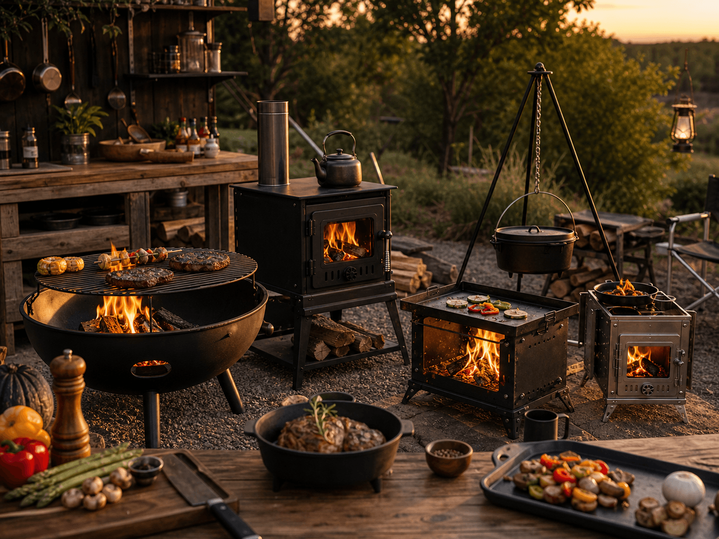 Outdoor cooking scene with fire pit grill, wood stove and cooking accessories