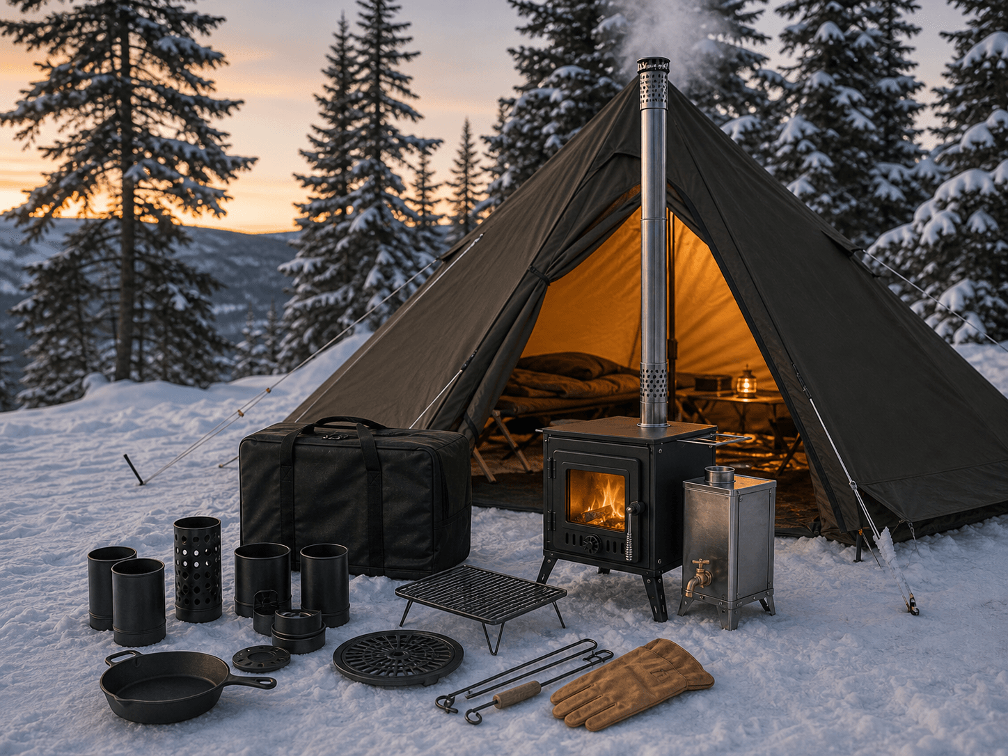Hot tent stove with chimney pipe and winter camping accessories