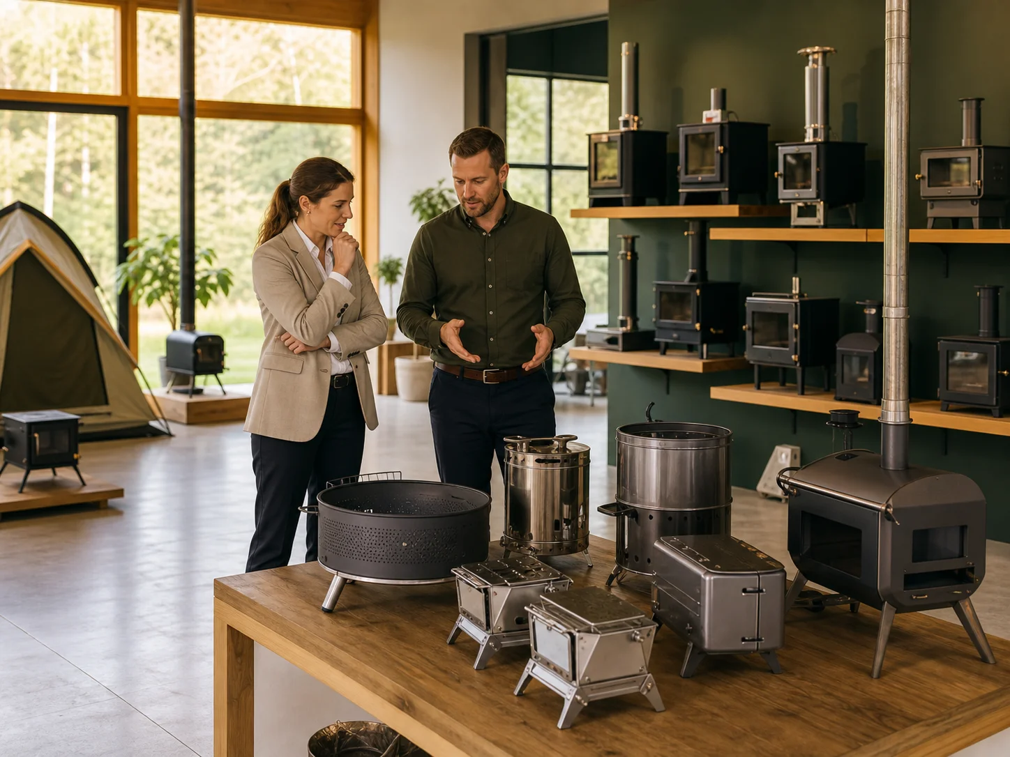 Distribuidores revisando la gama GoldFireStoves