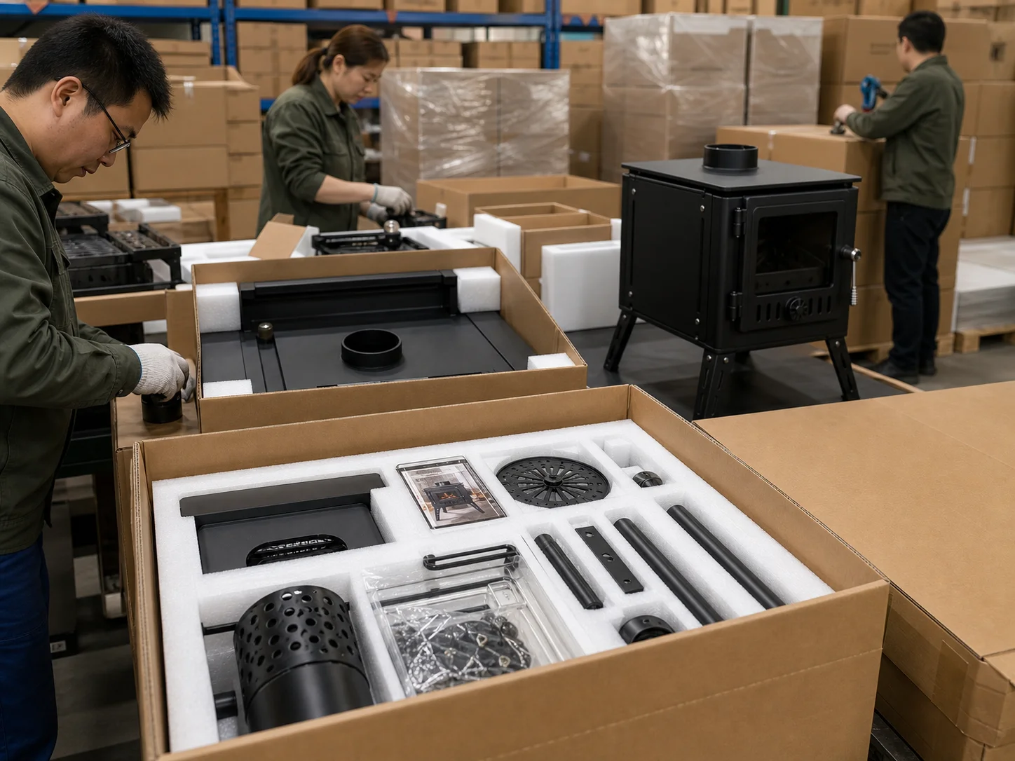 Export packing and wholesale order preparation for outdoor stove products