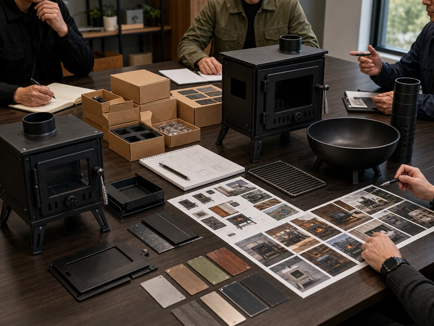 B2B buyers reviewing custom outdoor fire product program samples