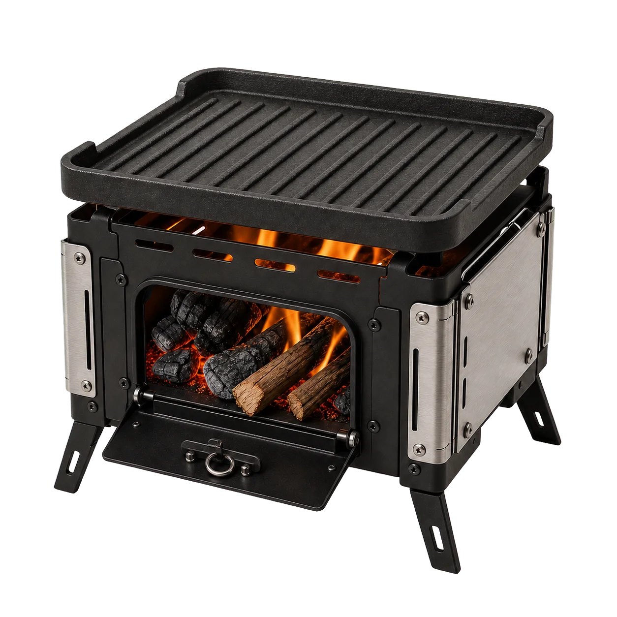 Campingofen mit herausnehmbarer Grillplatte und Holzfeuer