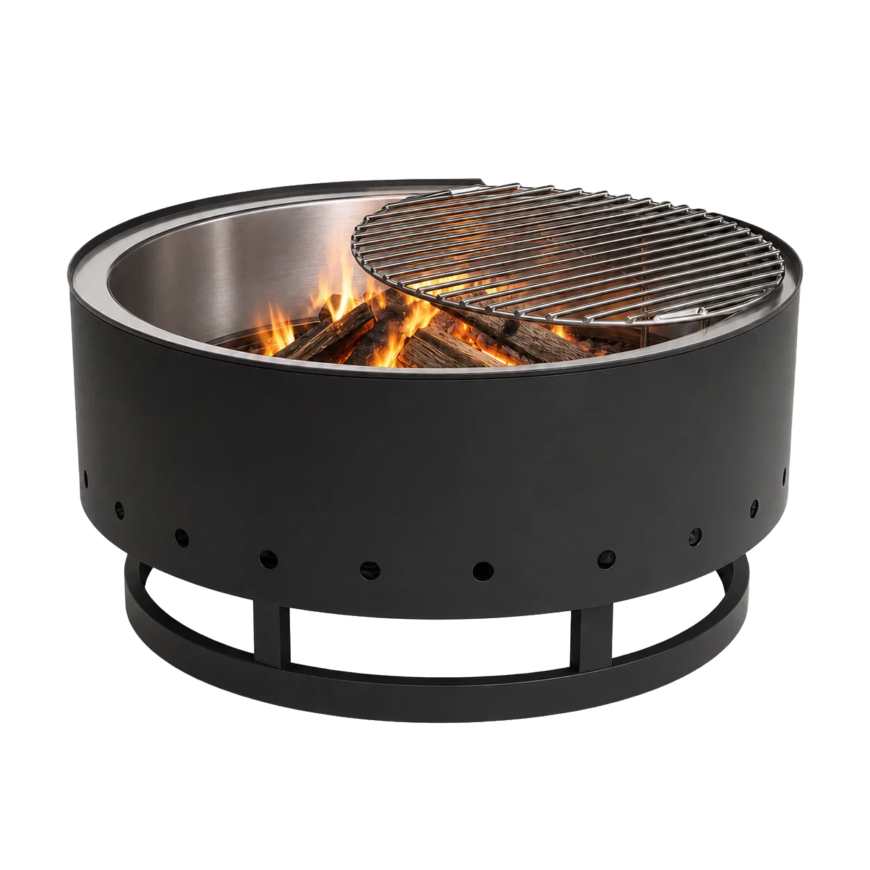 Runde Feuerstelle mit sichtbarer Flamme und ringsum stabilem Untergestell