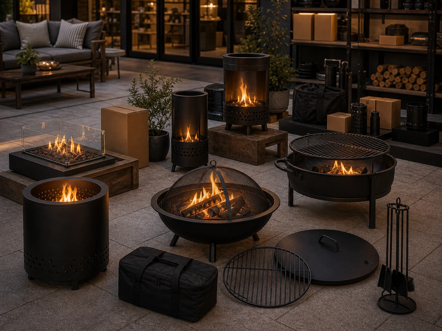 Fire pit products and accessories staged for patio and garden retail buyers