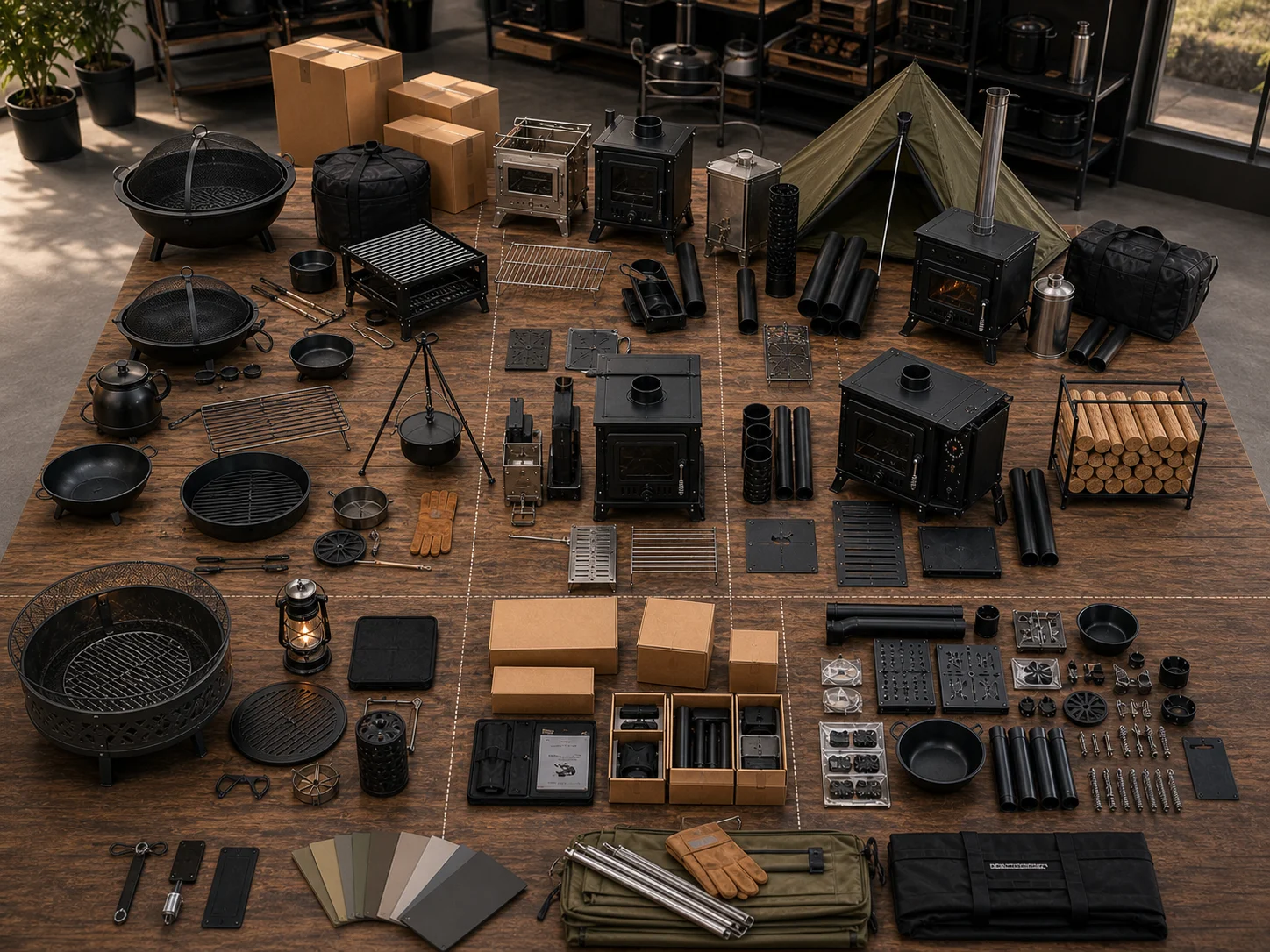 Outdoor fire products grouped by selling scenario on a planning table
