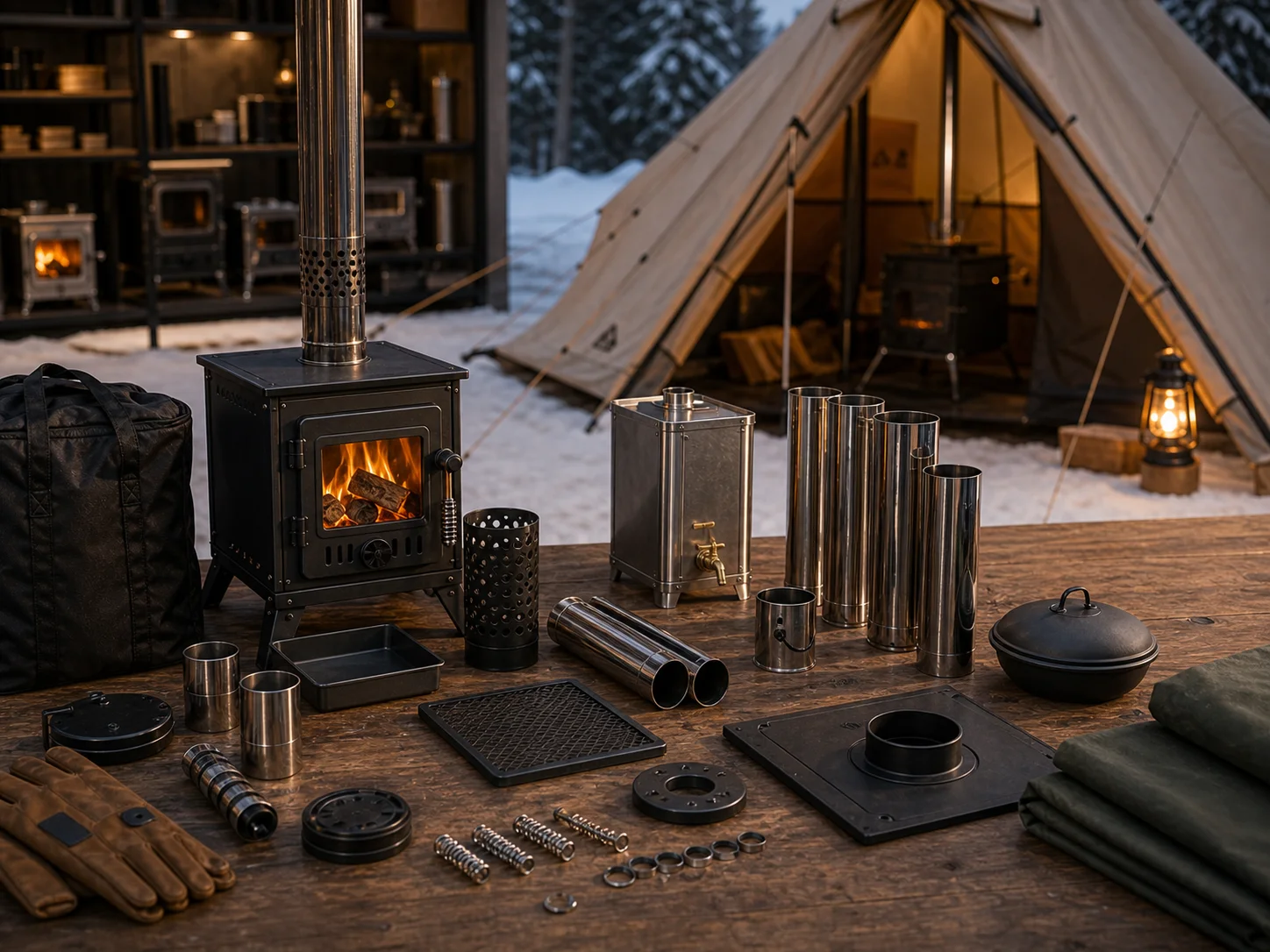 Tent stove with chimney pipe and winter camping accessory set