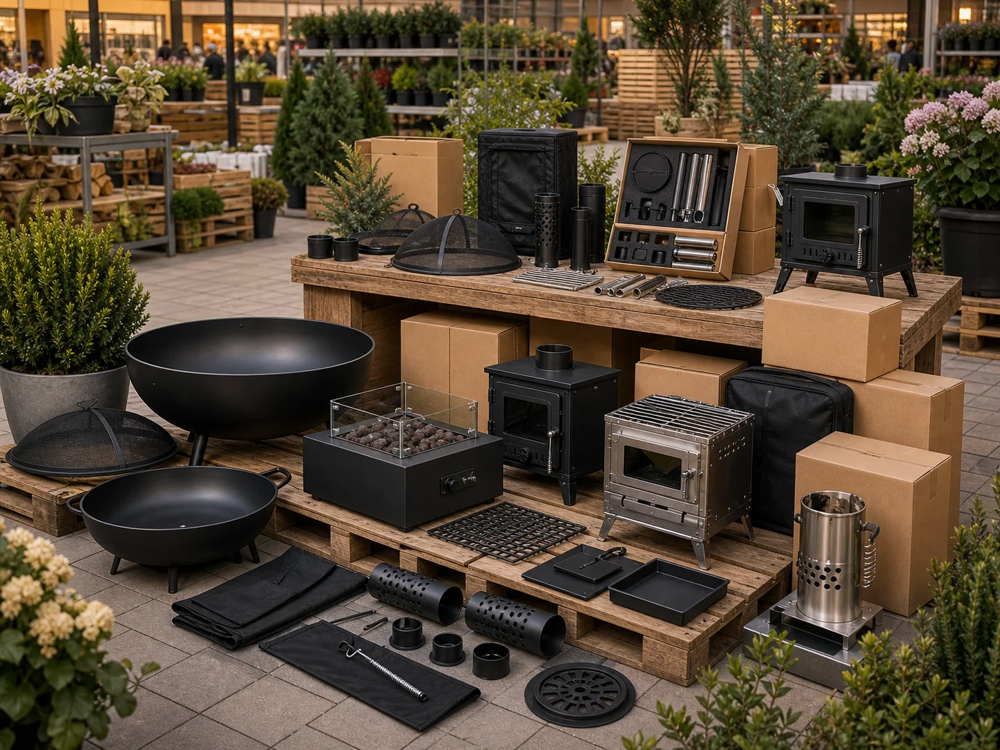 Présentation saisonnière de braseros, poêles, accessoires et cartons en jardinerie